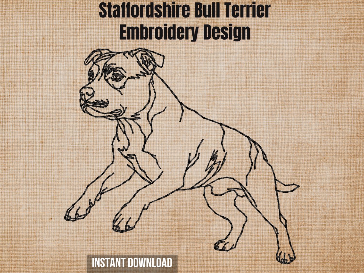 Staffordshire Bull Terrier full body dynamic line art embroidery design product cover artwork on linen canvas.