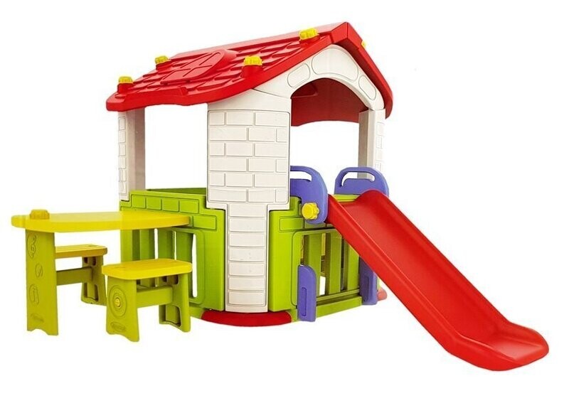 Set aus Gartenhaus, Tisch, Rutsche, grün und rot Set aus Gartenhaus, Tisch, Rutsche, grün und rot
