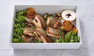 180g cooked salmon portions with yoghurt, charred fennel & lemon (GF)