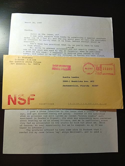 Larry Bittaker letter and envelope to Sondra London Larry Bittaker letter and envelope to Sondra London