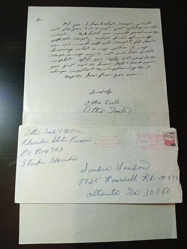 Ottis Toole letter and envelope sent to Sondra London Ottis Toole letter and envelope sent to Sondra London
