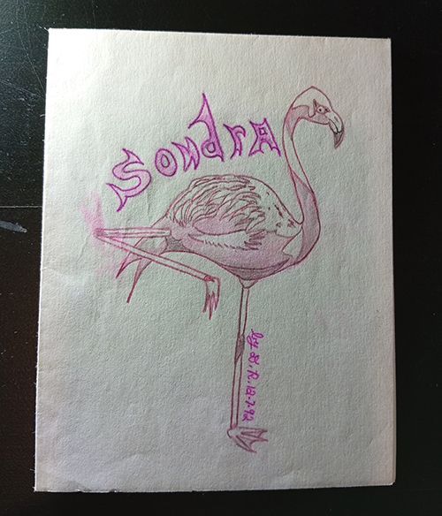 Danny Rolling hand made flamingo card sent to Sondra London Danny Rolling hand made flamingo card sent to Sondra London