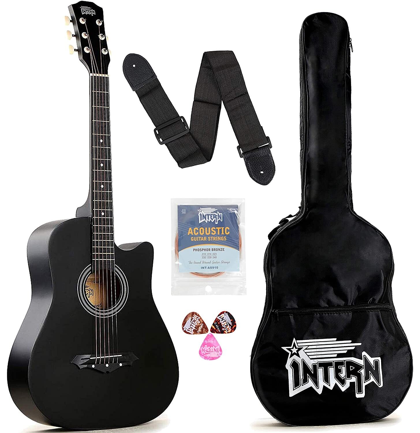 Intern INT-38C Acoustic Guitar Kit, With Bag, Strings, Pick And Strap, Black