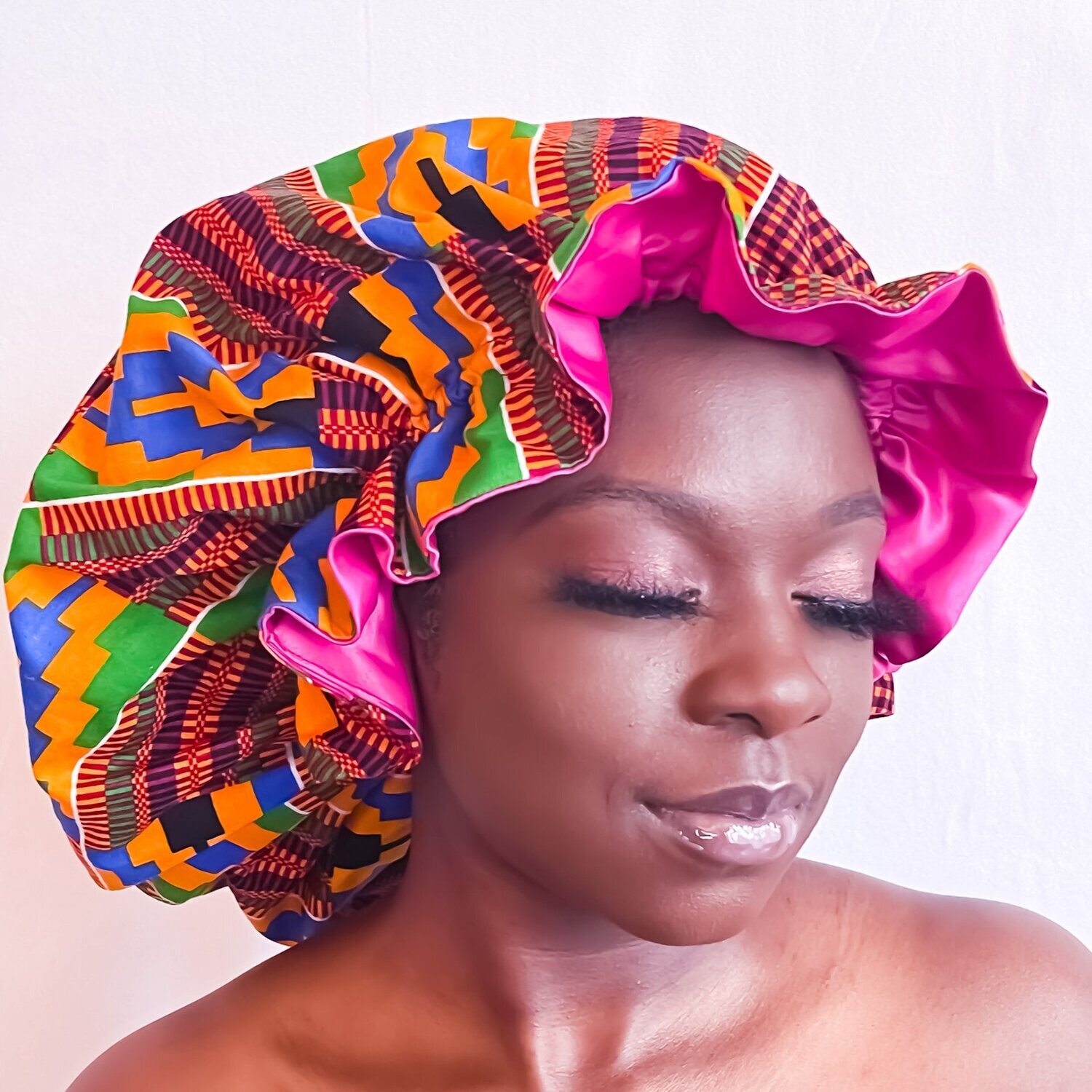 Large Pink Kente Hair Bonnet