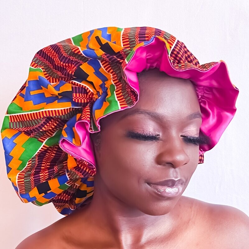 Large Pink Kente Hair Bonnet