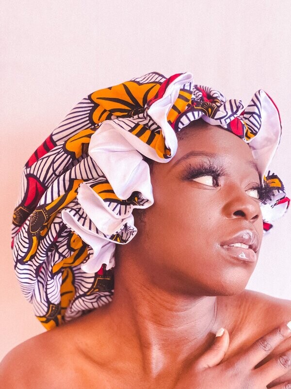 Large White Ankara Hair Bonnet