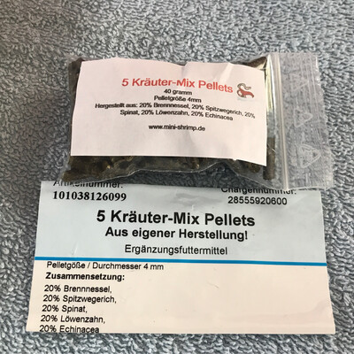 5 Kräuter Mix Pellets 40 Gramm Futter Garnelen Fische Krebse Welse…..