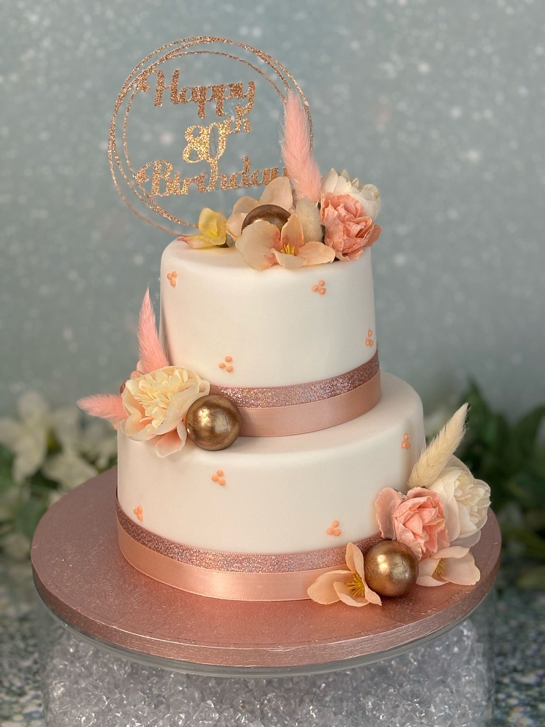 2 Tier Silk &amp; Dried Flowers &amp; Glitter Topper (sugarpaste)
