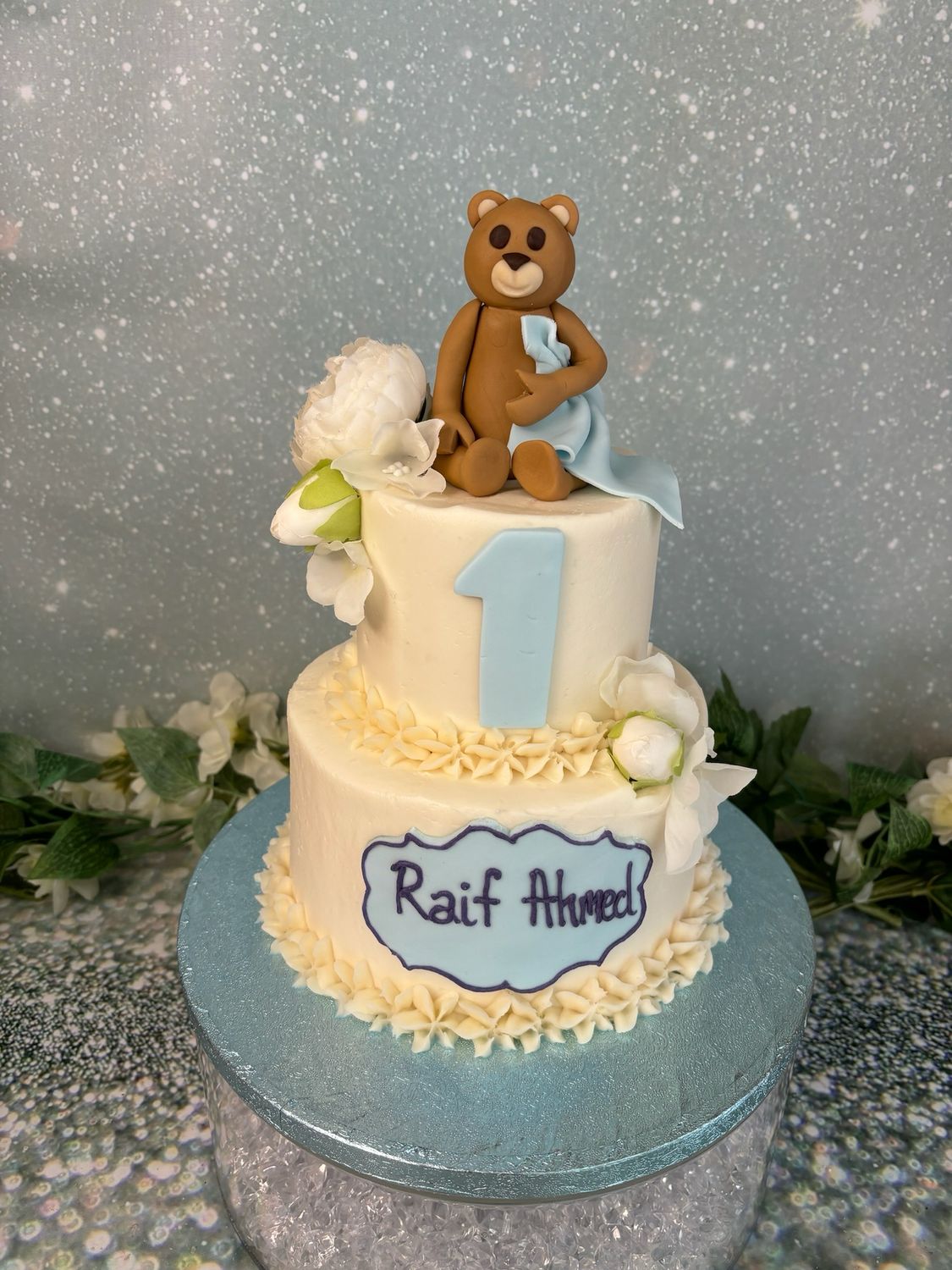 Teddy Bear 2 Tier Frosting &amp; Silk Flowers