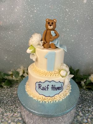 Teddy Bear 2 Tier Frosting &amp; Silk Flowers