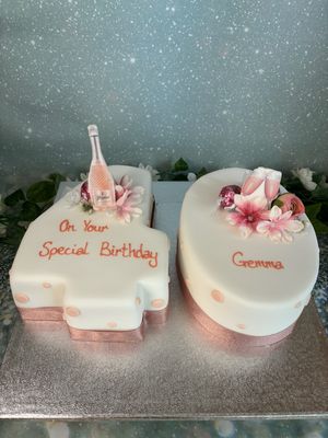 Number / Age Shaped Cake With Prosecco Bottle & Glasses & Silk Flowers