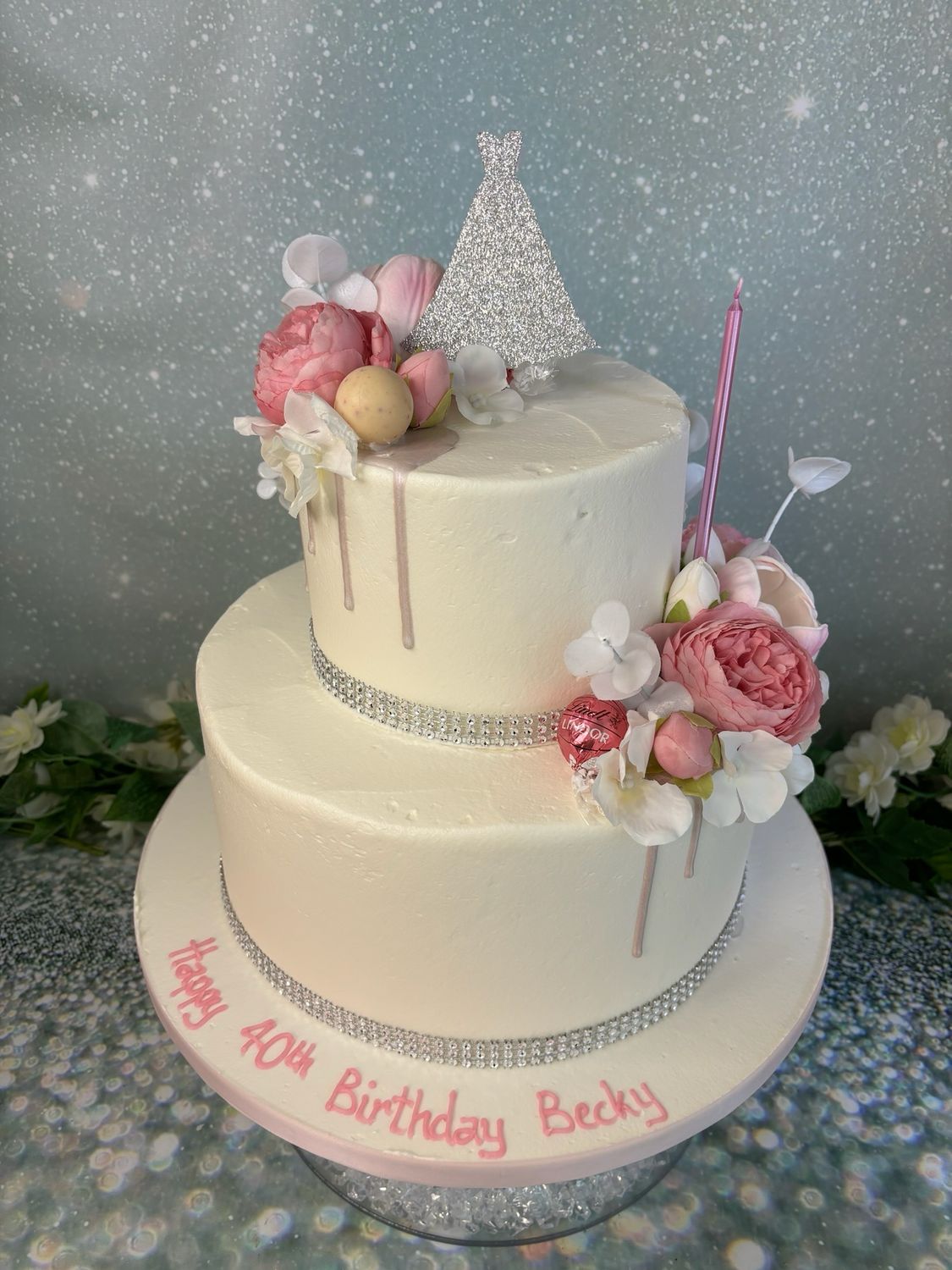 Silk Flowers &amp; Glitter Dress Topper (1 Tall Candle Included)