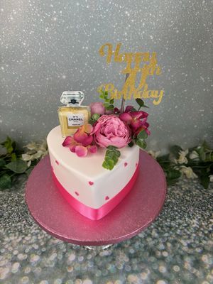 Heart Shaped Cake With Perfume Bottle &amp; Silk Flowers