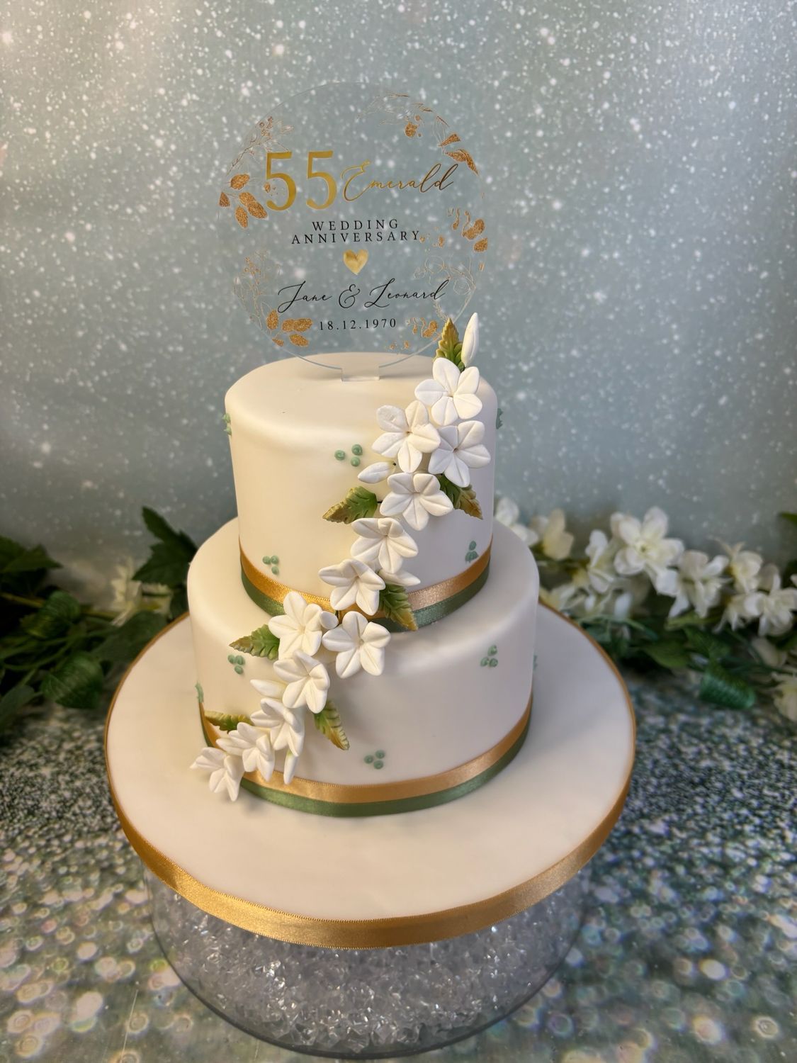 2 Tier Anniversary With Acrylic Paddle Topper &amp; Sugarpaste Flowers Cascading