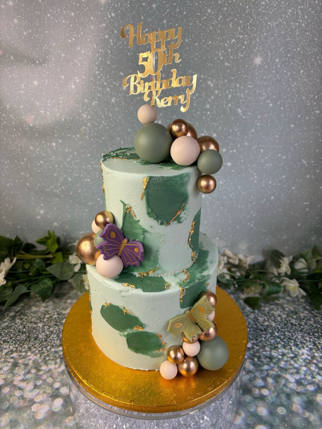 2 Tier With Gold Leaf, Balls And Butterflies