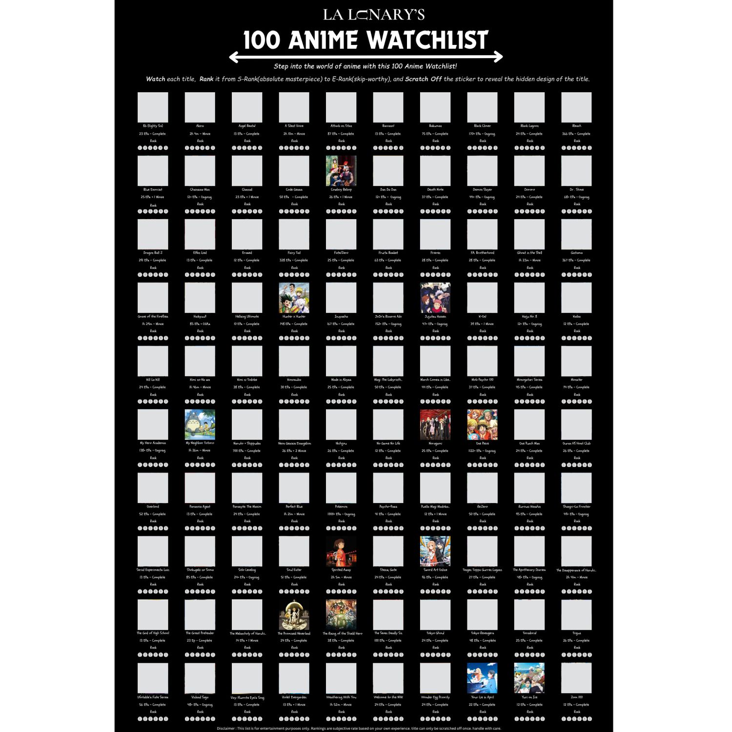 Top 100 Anime Watchlist Scratch-Off Calendar