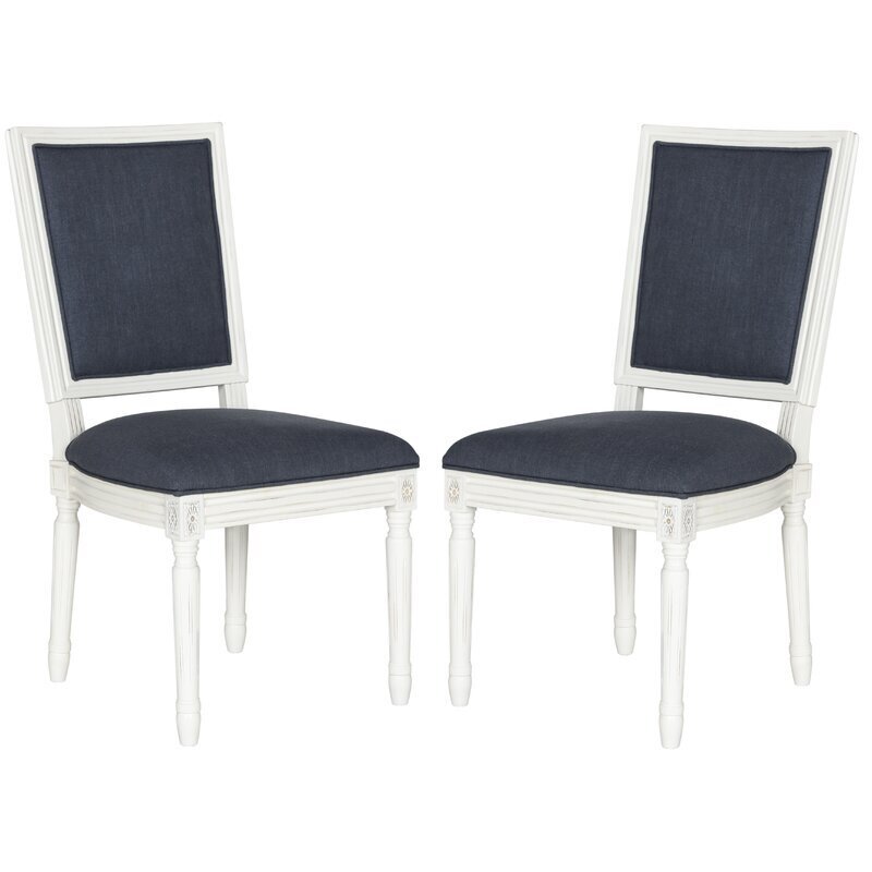 Linen Square Back Upholstered Side Chair in Navy  (Set of 2)