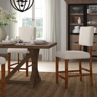 25.25&quot; Upholstered Barstool with Nailhead Trim in Beige (Set of 2)