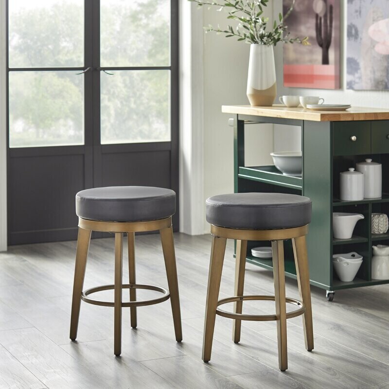 24.5&quot; Backless Faux Leather Swivel Barstool in Black (Set of 2)