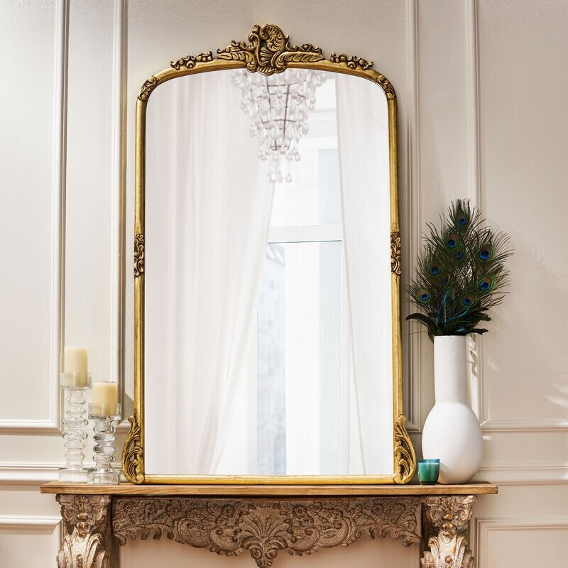 Wood Framed Wall Mounted Mirror in Antique Gold