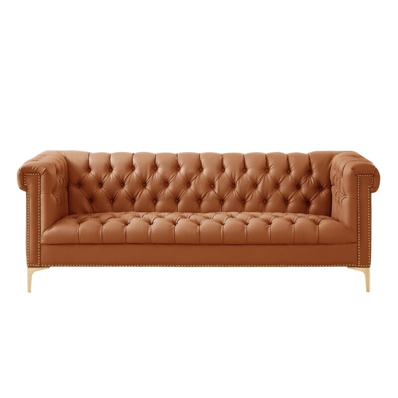 85&quot; Tuxedo Arm Sofa in Camel Faux Leather