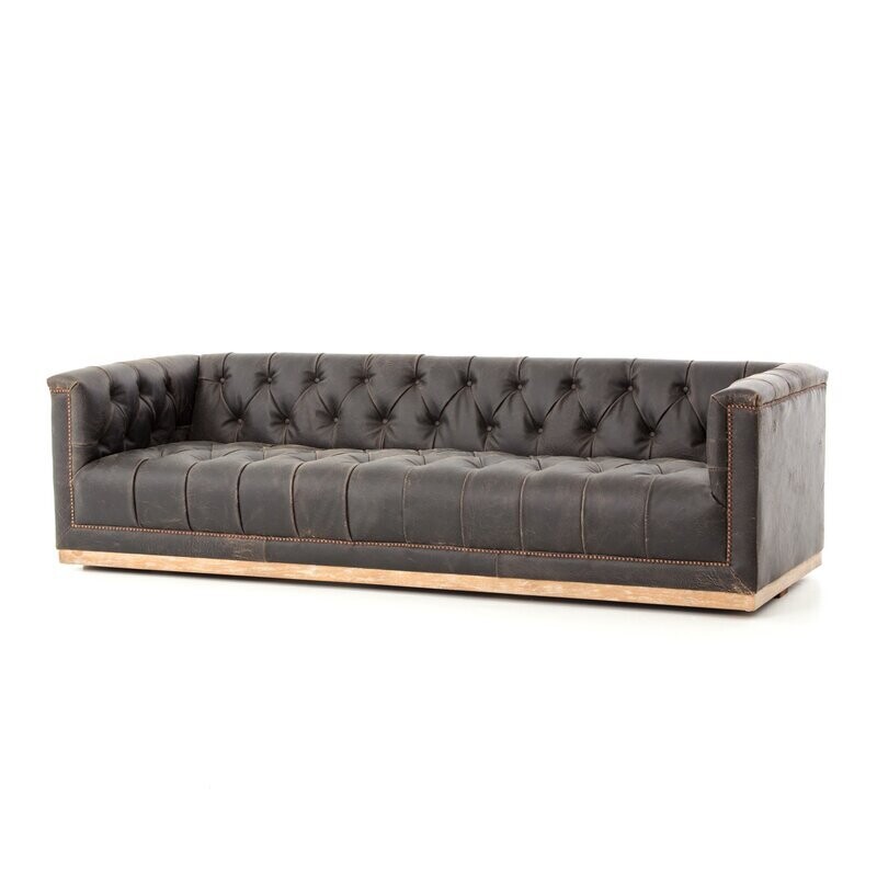 95&quot; Distressed Genuine Leather Tuxedo Arm Sofa