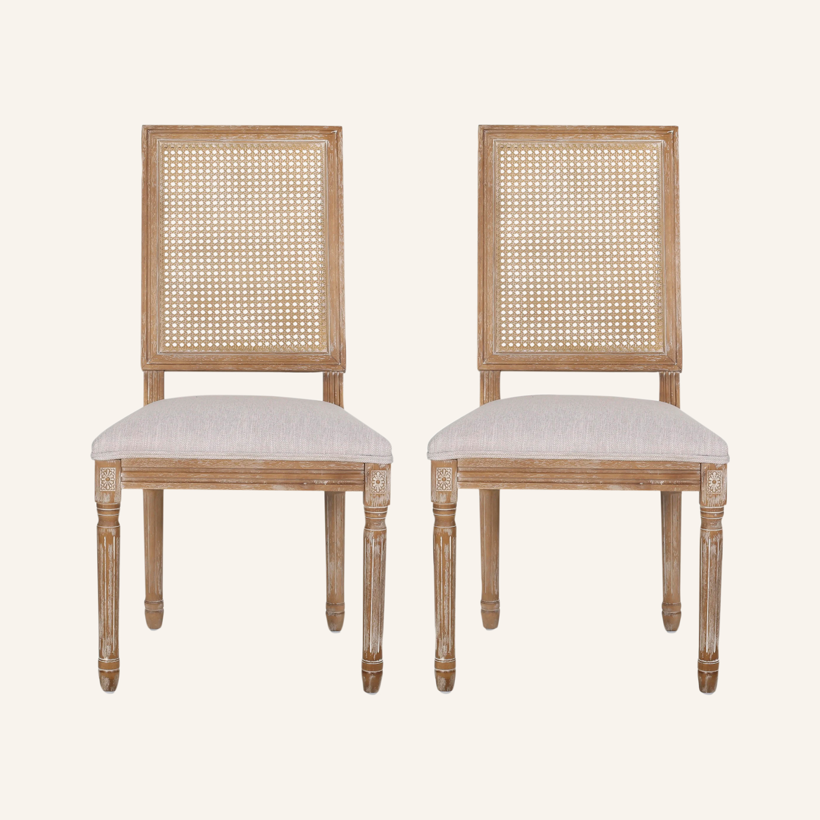 39.5&quot; French Rattan Square Back Dining Chair in Beige (Set of 2)
