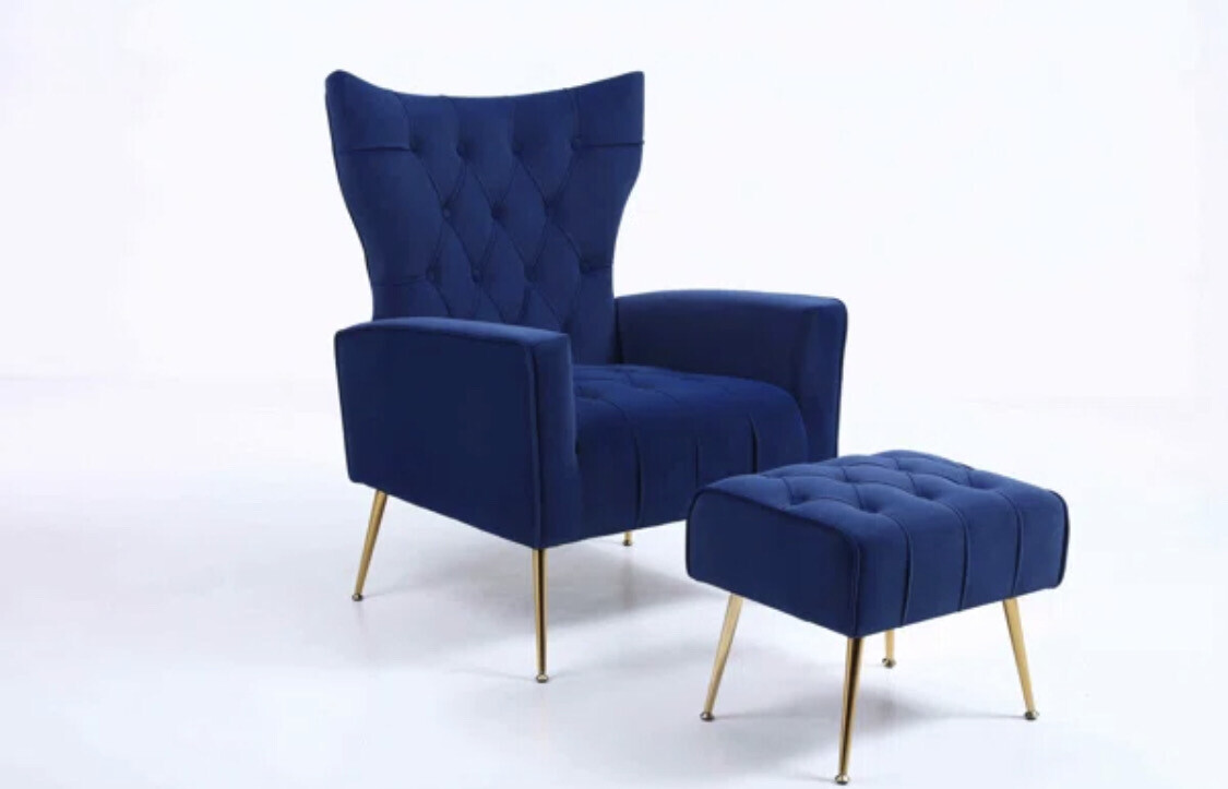 Modern Tufted Accent Chair with Ottoman in Blue Velvet