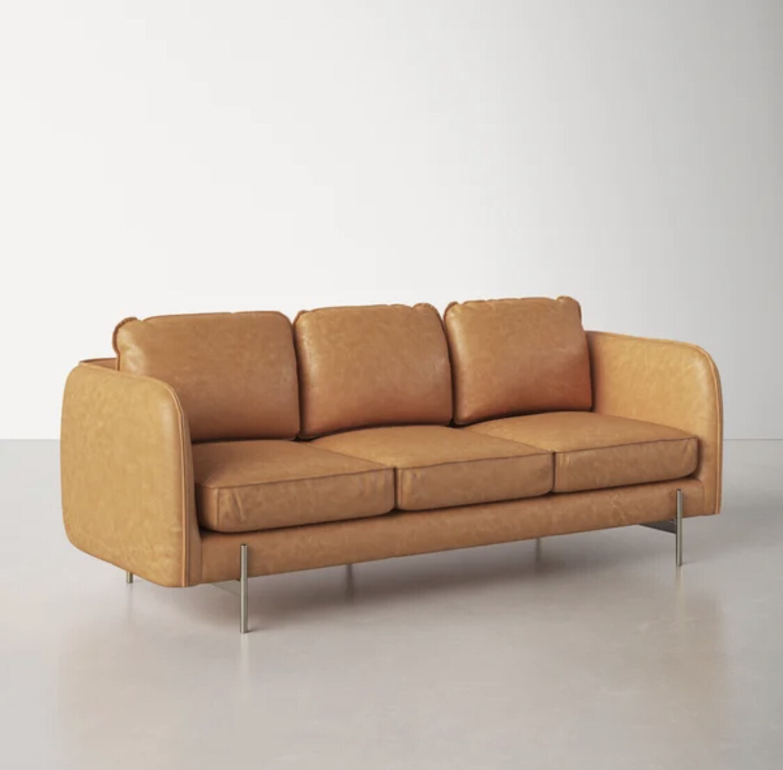 86.5&quot; Faux Leather Round Arm Sofa with Reversible Cushions in Honey Tan