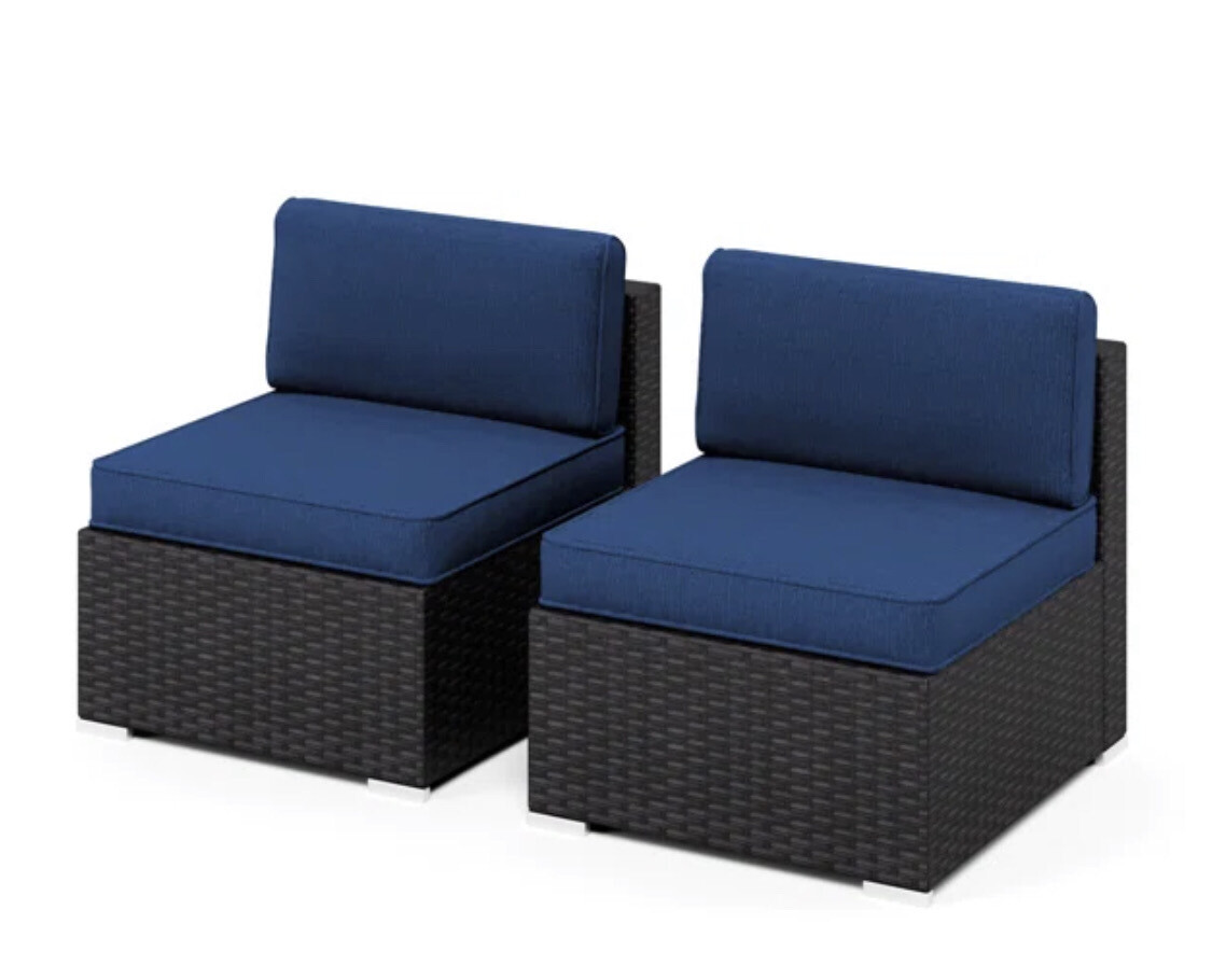 Outdoor Wicker Patio Armless Chair in Navy (Set of 2)