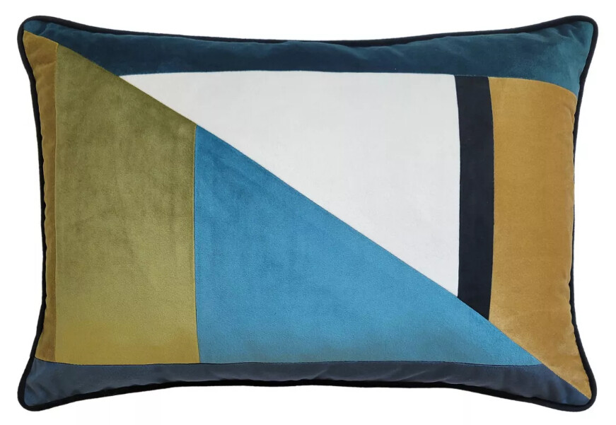 12x20 Upcycled Block Print Feather Pillow in Blue/Green/Yellow