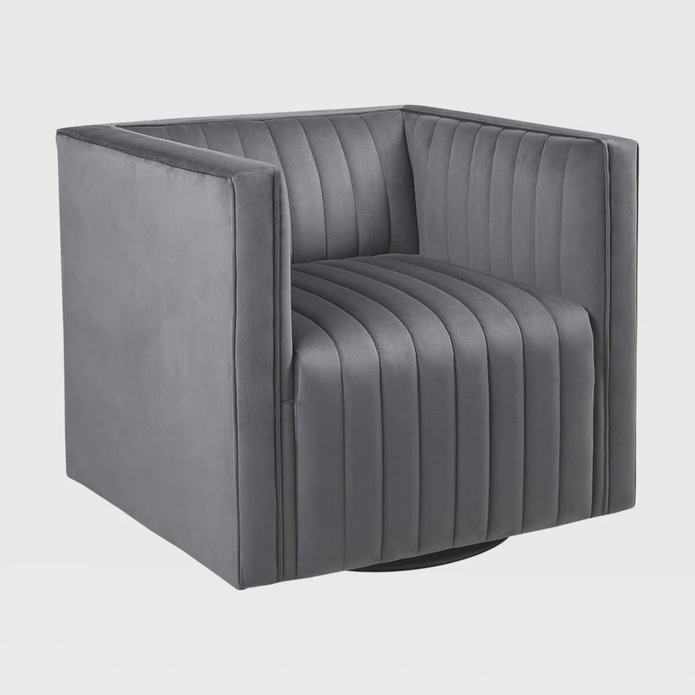 Channel Tufted Velvet Swivel Armchair in Gray