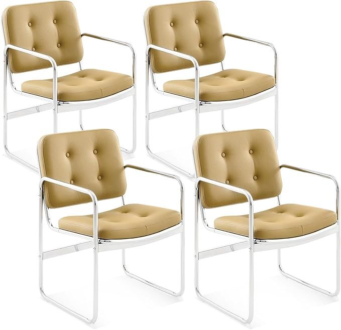 Modern Tufted Vegan Leather Chair with Chrome Legs in Khaki (Set of 2)