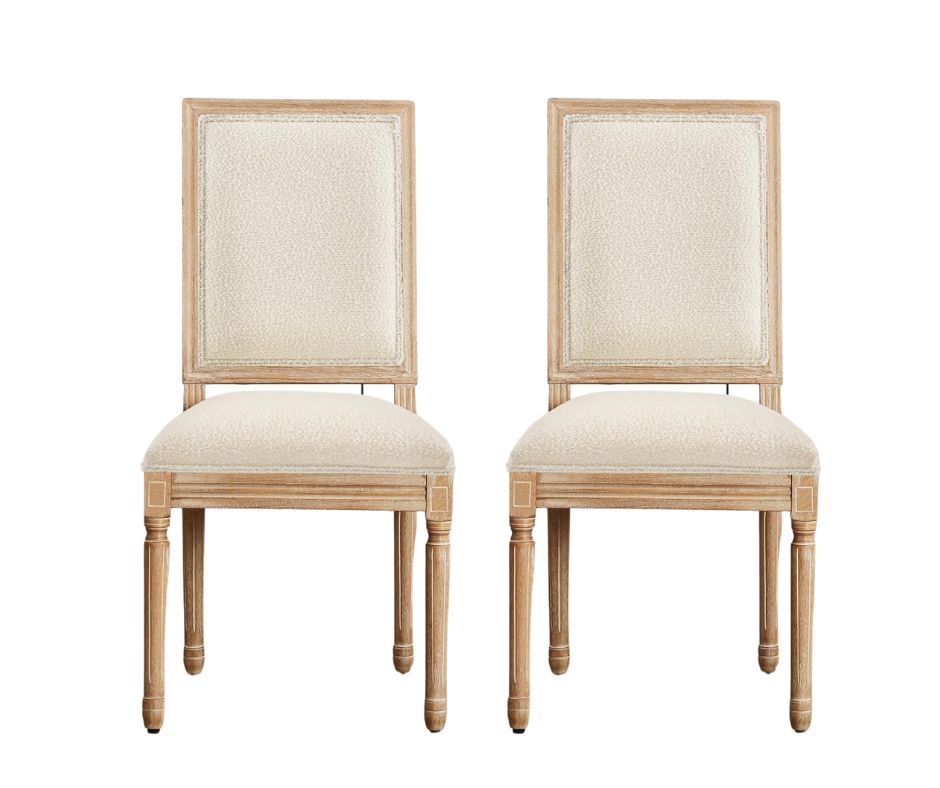 French Boucle Upholstered Square Back Dining Chair in Ivory (Set of 2)
