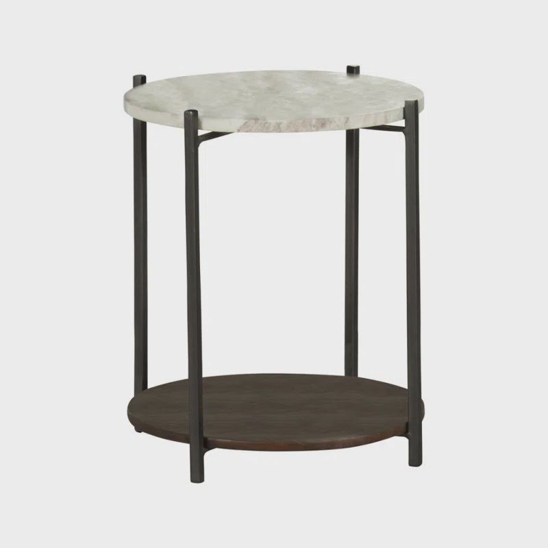 Round Marble Top Accent Table with Wood Shelf