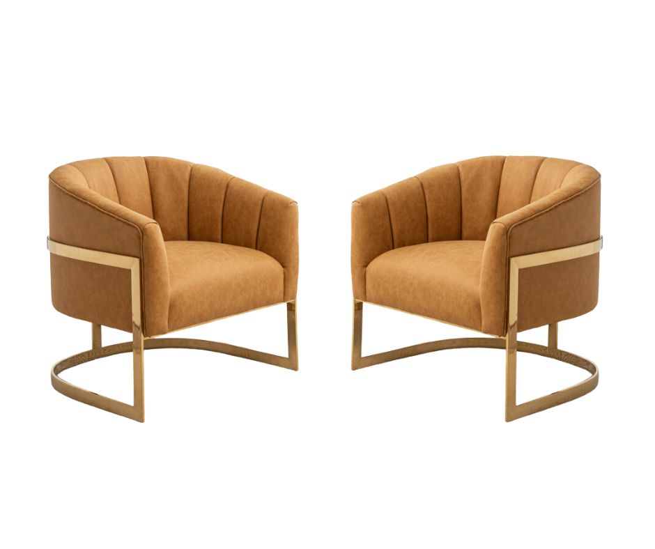 Channel Tufted Faux Leather Barrel Chair in Tan (Set of 2)