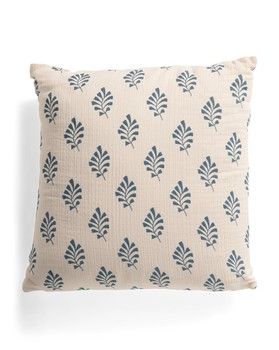 20x20 Woodblock Printed Cotton Gauze Down Alternative Pillow in Ivory/Blue