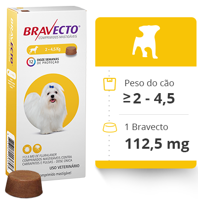 Bravecto | 2-4.5 Kg Bravecto 2–4,5 kg – comprimido mastigável para proteção contra pulgas e carraças
