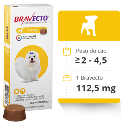Bravecto | 2-4.5 Kg Bravecto 2–4,5 kg – comprimido mastigável para proteção contra pulgas e carraças
