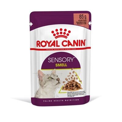 Royal Canin® Sensory Smell em Molho 12 sachês de 85g, alimento úmido para gatos adultos, aroma irresistível à base de peixe para estimular o olfato.