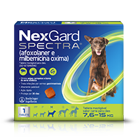 Nexgard Spectra | 7.5-15kg 3 Comprimidos Mastigáveis Embalagem de Nexgard Spectra para cães de 7.5 a 15kg, com 3 tabletes mastigáveis.