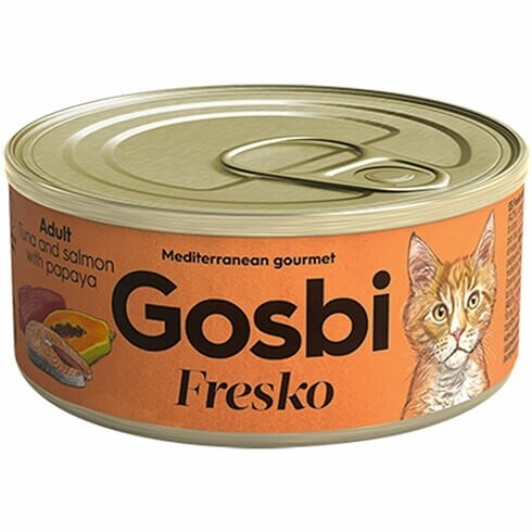 Gosbi | Fresko Cat Adulto Atum Salmão e Papaia 70g Lata de comida húmida Gosbi Fresko Atum, Salmão e Papaia para gatos adultos 70g