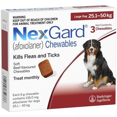 Nexgard | 25-50kg 3 Comprimidos Mastigáveis Embalagem de Nexgard para cães de 25 a 50kg, com 3 tabletes mastigáveis.