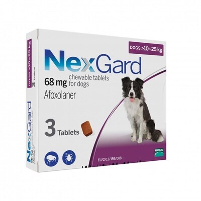 Nexgard | 10-25kg 3 Comprimidos Mastigáveis Embalagem de Nexgard para cães de 10 a 25kg, com 3 tabletes mastigáveis.