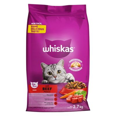 Whiskas | Ração Seca para Gato Adulto Sabor Carne 2,7kg Saco de 2,7kg da ração Whiskas Adulto Sabor Carne Bovina para gatos adultos de todas as raças.