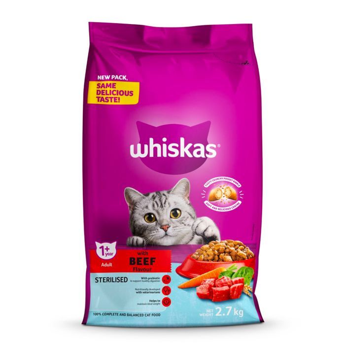 Saco de 2,7kg da ração Whiskas Adulto Castrado Sabor Carne para gatos adultos castrados de todas as raças.