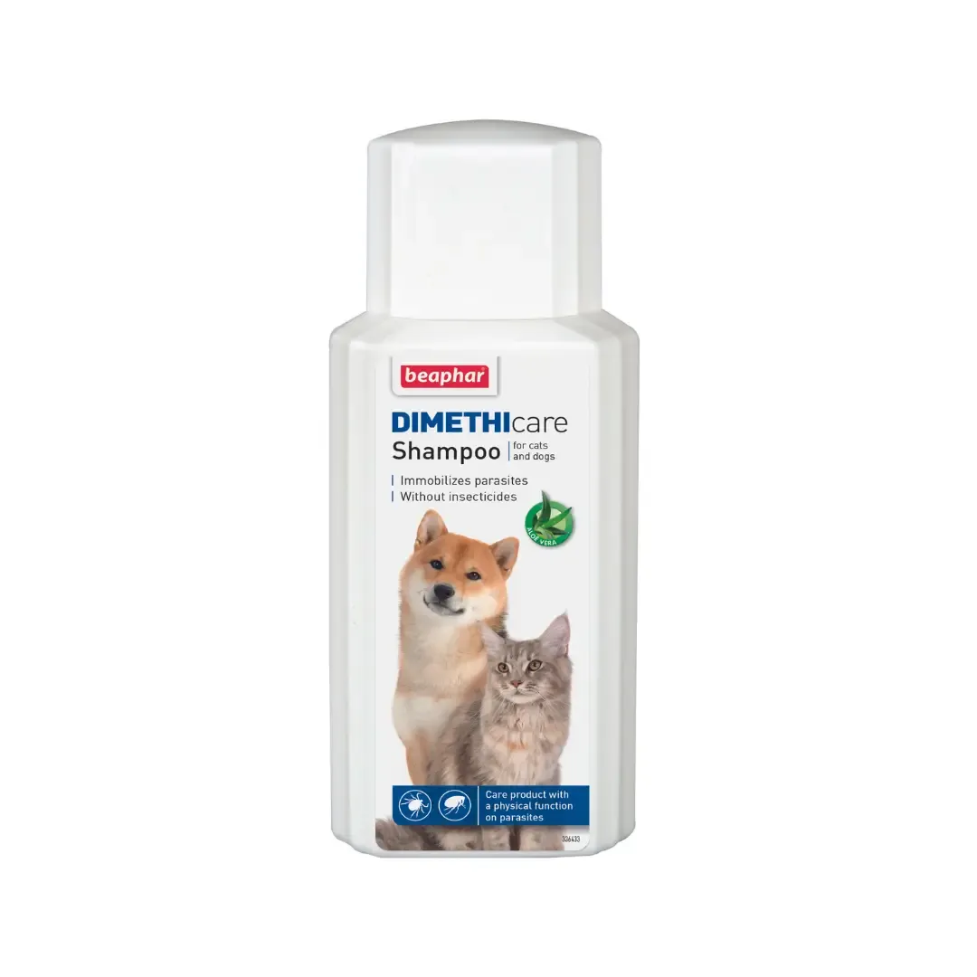Frasco de champô Beaphar Dimethicare 200ml para cães e gatos, anti-pulgas e parasitas.