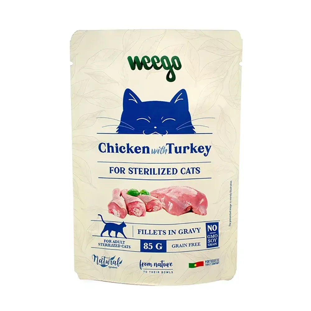 Comida úmida para gatos esterilizados Weego com sabor peru, embalagem 85g.