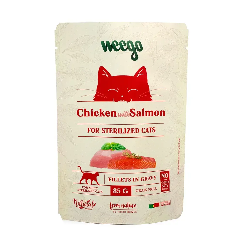 Comida úmida para gatos esterilizados Weego com sabor salmão, sachê 85g.