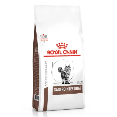 Pacote de ração Royal Canin Veterinary Gastrointestinal Feline 2kg para gatos com problemas digestivos.